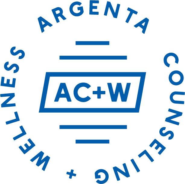 A circular blue logo featuring the text "ARGENTA COUNSELING + WELLNESS" arranged in a perfect ring. At the center, the inner logo "AC+W" is enclosed in a slanted rectangular border, flanked above and below by stacked horizontal lines of varying lengths