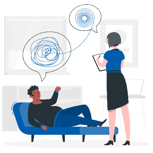 Counseling-illustation A flat vector illustration of a therapy session, showing a person lying on a blue lounge chair gesturing while speaking. A therapist stands nearby with a clipboard, as a blue line visually connects the patient's tangled speech bubble of thoughts to a neatly organized spiral in the therapist's bubble.