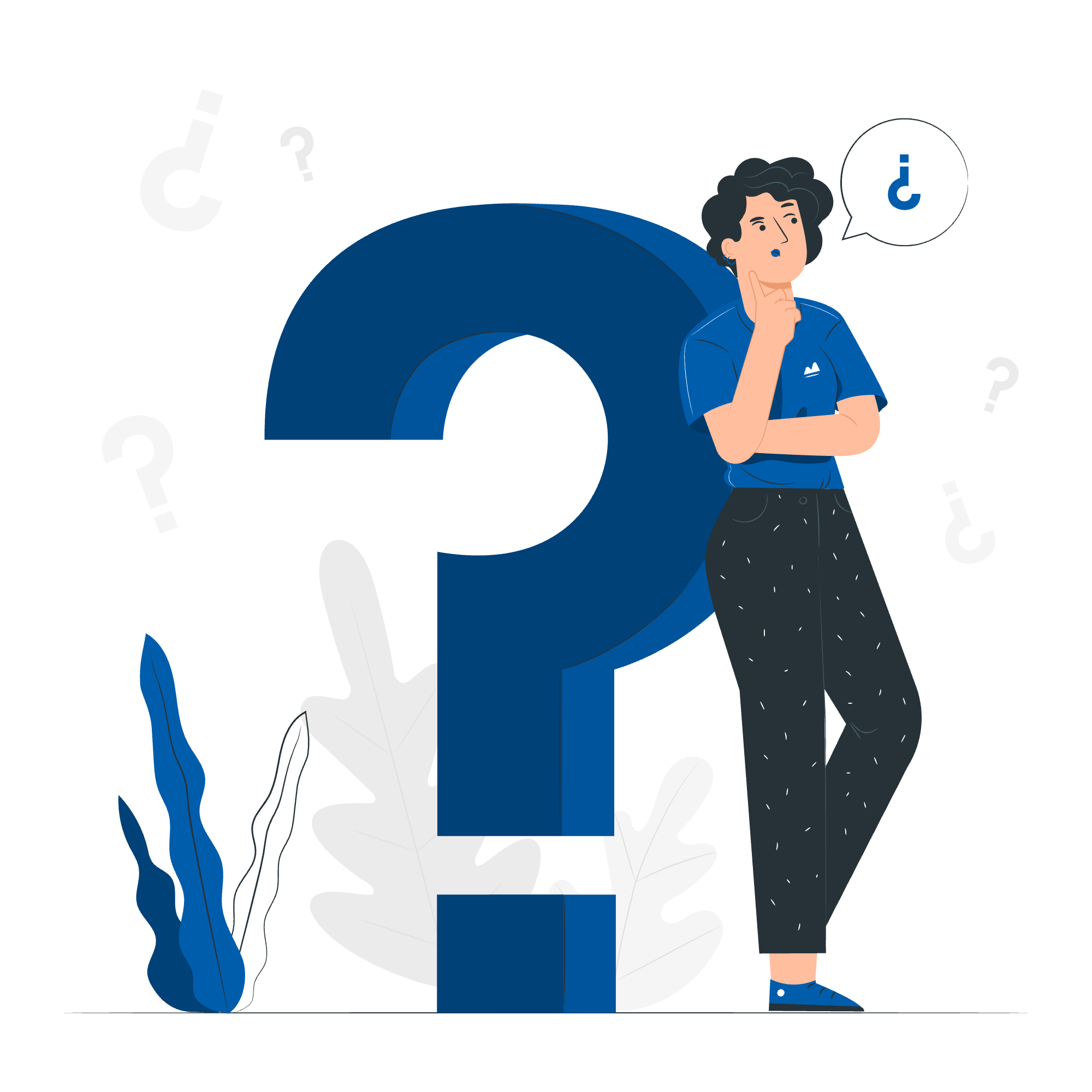Questions-pana A flat vector illustration of a person standing thoughtfully with a hand on their chin, leaning against a giant blue question mark. The design features a speech bubble containing an inverted question mark, with smaller, faint question marks and minimalist foliage