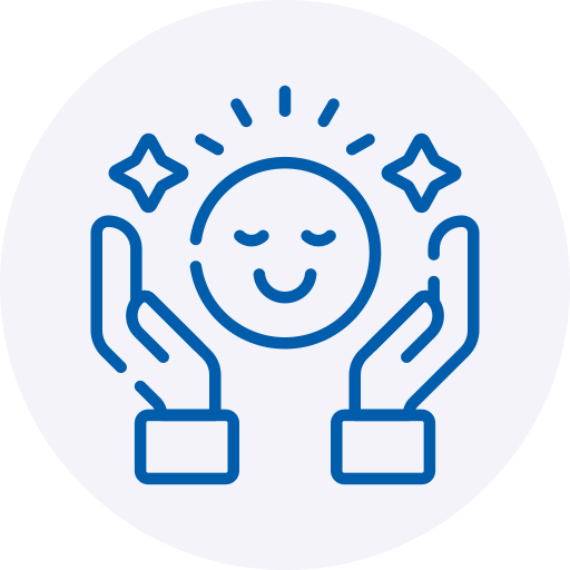 A blue line-art icon showing a happy, smiling face with closed eyes, gently cradled between two cupped hands. The serene face radiates short light rays from the top and is flanked by two sparkling four-pointed stars, all set against a soft, light grey circular background.