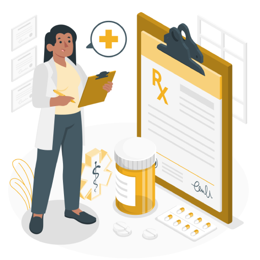 medication-illustration An isometric vector illustration of a female healthcare professional holding a clipboard next to oversized medical items, including a prescription bottle, loose capsules, and a giant prescription pad marked with an "Rx" symbol. The clean design is accented with yellow and dark grey tones against a transparent background.