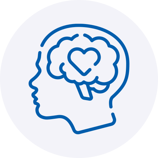A blue line-art icon depicting the profile of a human head facing left, with a brain outlined inside. A small heart shape is nested directly at the center of the brain, all set within a soft, light grey circular background.