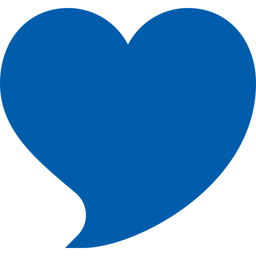 A solid blue graphic combining the shape of a heart with a speech bubble tail curved at the bottom left. The minimalist design is isolated on a transparent background.