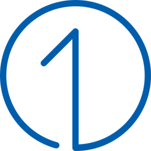 A minimalist blue line-art icon featuring the number one integrated into a circular outline. The continuous line design is isolated against a transparent background.