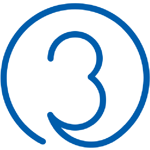 A minimalist blue line-art icon featuring the number three integrated into a circular outline. The continuous line design is isolated against a transparent background.
