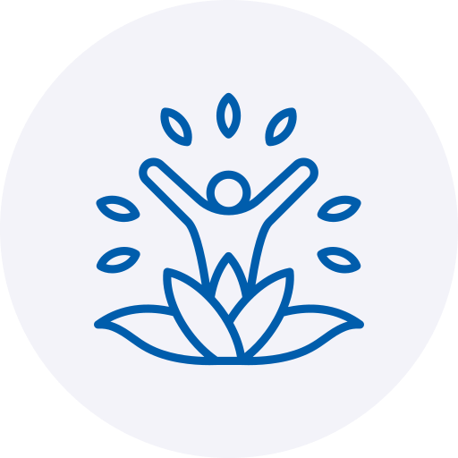 A blue line-art icon depicting a human figure with arms raised in a celebratory gesture, emerging from the center of a blooming lotus flower. The design is surrounded by small, floating leaf elements and is enclosed within a soft, light grey circular background.