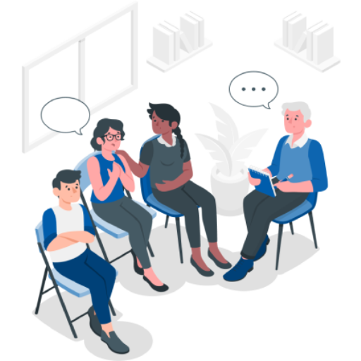 group-counseling-illustration An isometric vector illustration of a group therapy session, showing four individuals seated in a circle. A therapist with a notepad listens attentively while group members interact supportively, accompanied by empty and ellipsis speech bubbles