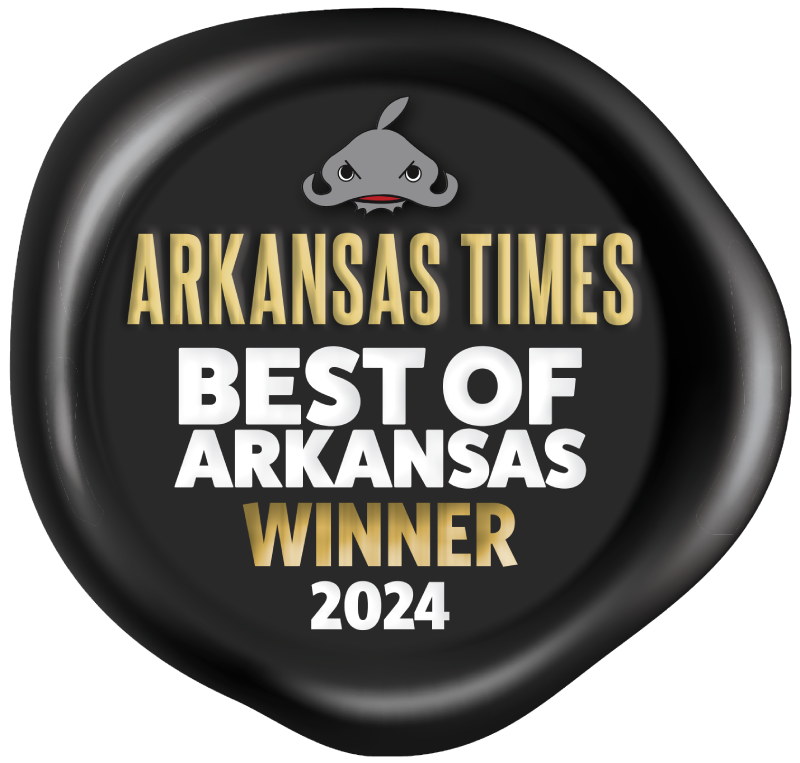 A black wax seal badge featuring a stylized grey catfish graphic at the top. The center reads "ARKANSAS TIMES BEST OF ARKANSAS WINNER 2024" in a mix of bold gold and white text.