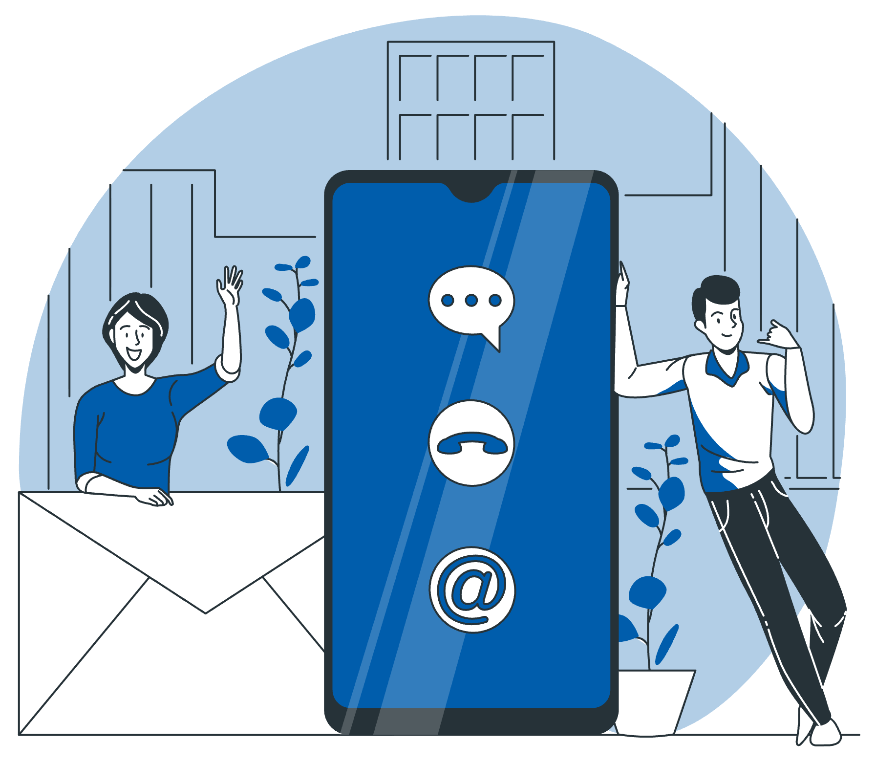 A flat vector illustration centered around a large blue smartphone displaying communication icons for chat, phone, and email. Flanking the phone are two people gesturing a greeting&mdash;a woman waving behind a large envelope on the left, and a man leaning back on the right&mdash;set against a blue circular city backdrop.