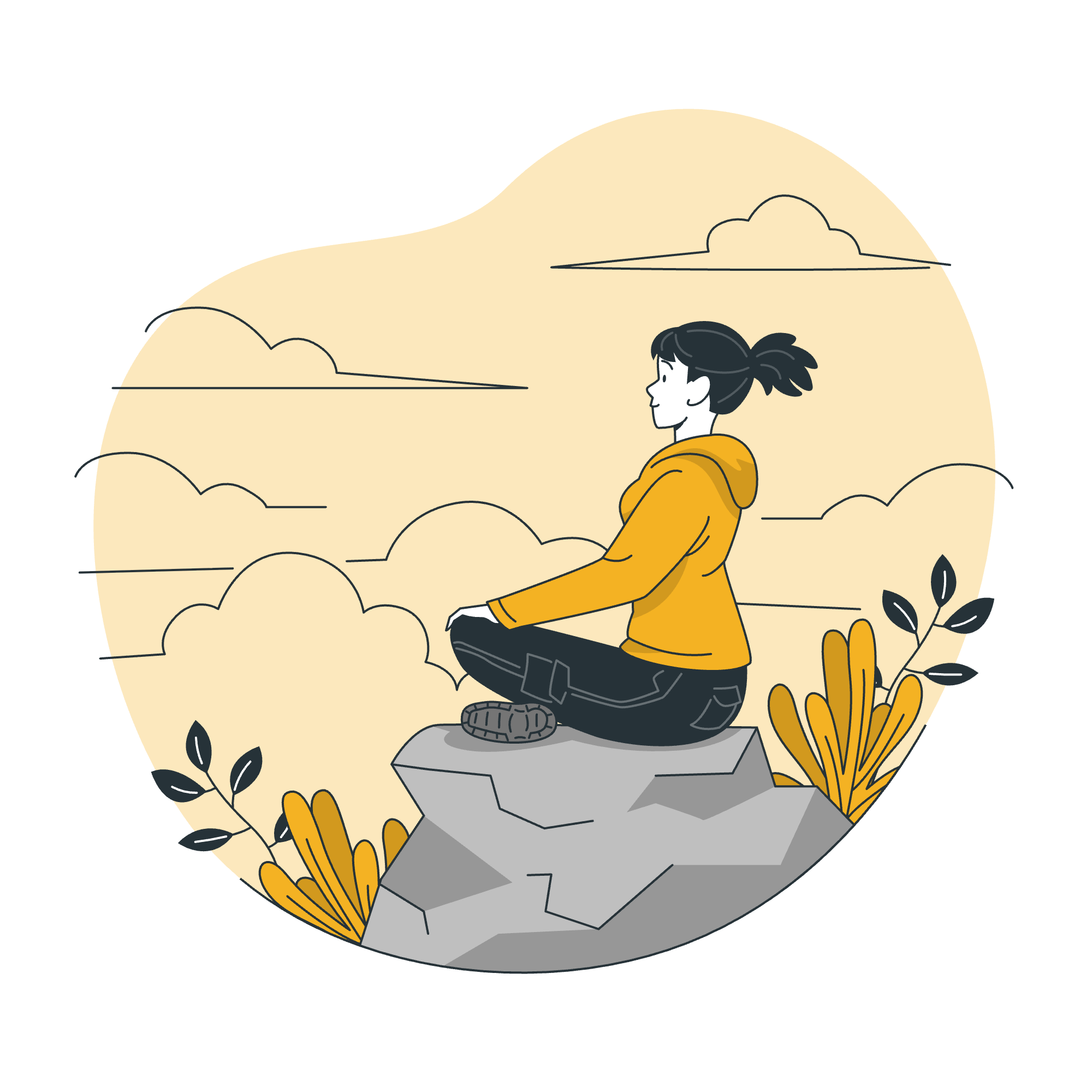 A flat vector illustration of a woman wearing a yellow hoodie sitting cross-legged on top of a grey rock. She looks out peacefully at a cloudy horizon, set within a soft yellow circular backdrop with minimalist foliage.