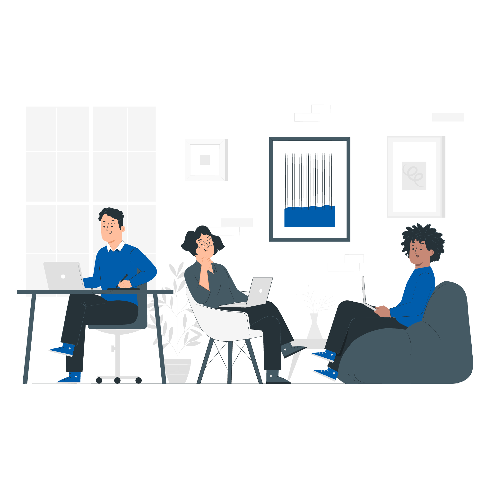 Coworking-pana A flat vector illustration of three people working on laptops in a modern, casual office space. One person works at a desk, another sits in an armchair, and a third relaxes on a large beanbag chair, accented with blue tones.