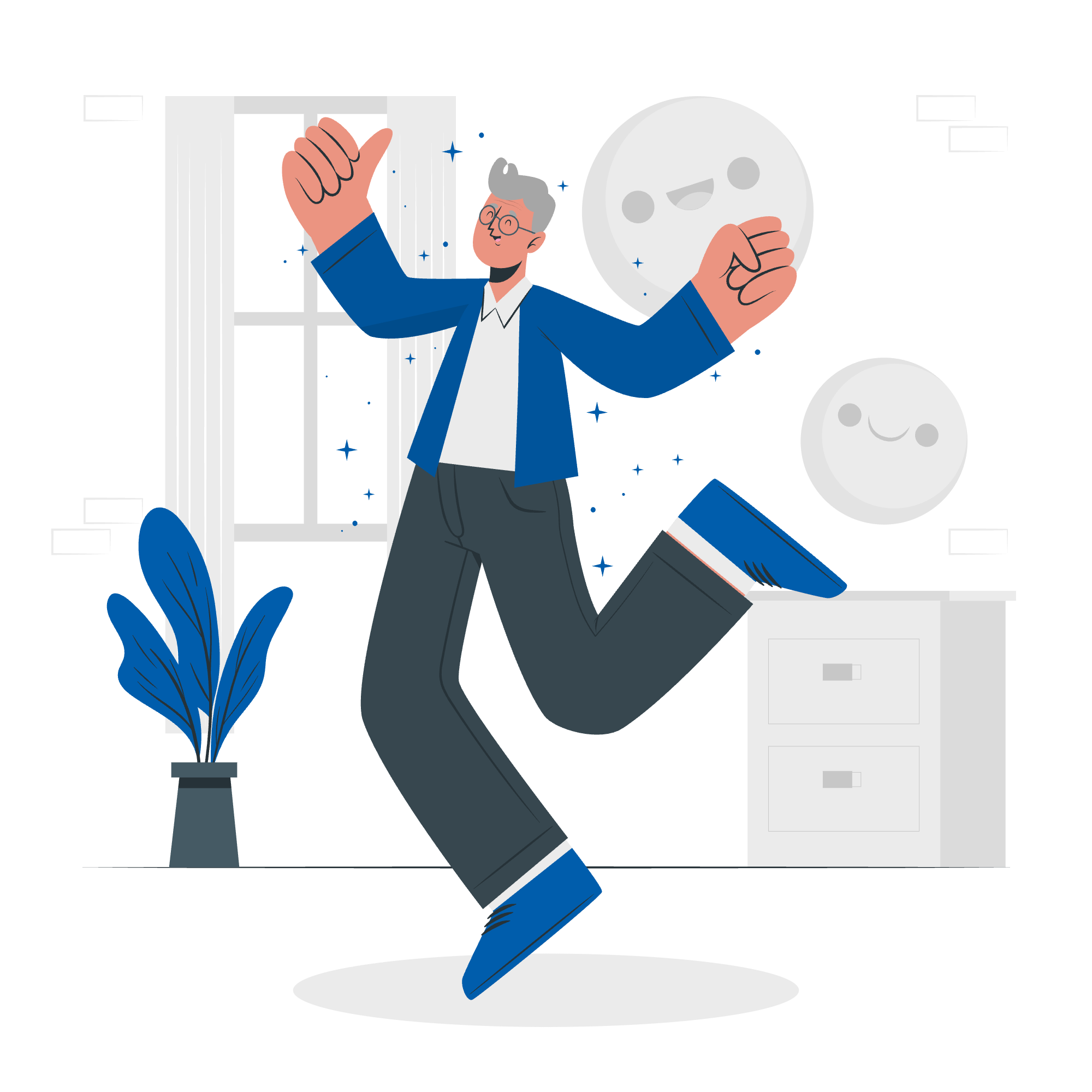 A flat vector illustration of an older man with grey hair jumping for joy, flashing a thumbs-up and pumping his fist in mid-air. He is surrounded by sparkling blue stars in a minimalist room that includes a potted plant, a window, and faint smiling face graphics on the wall.