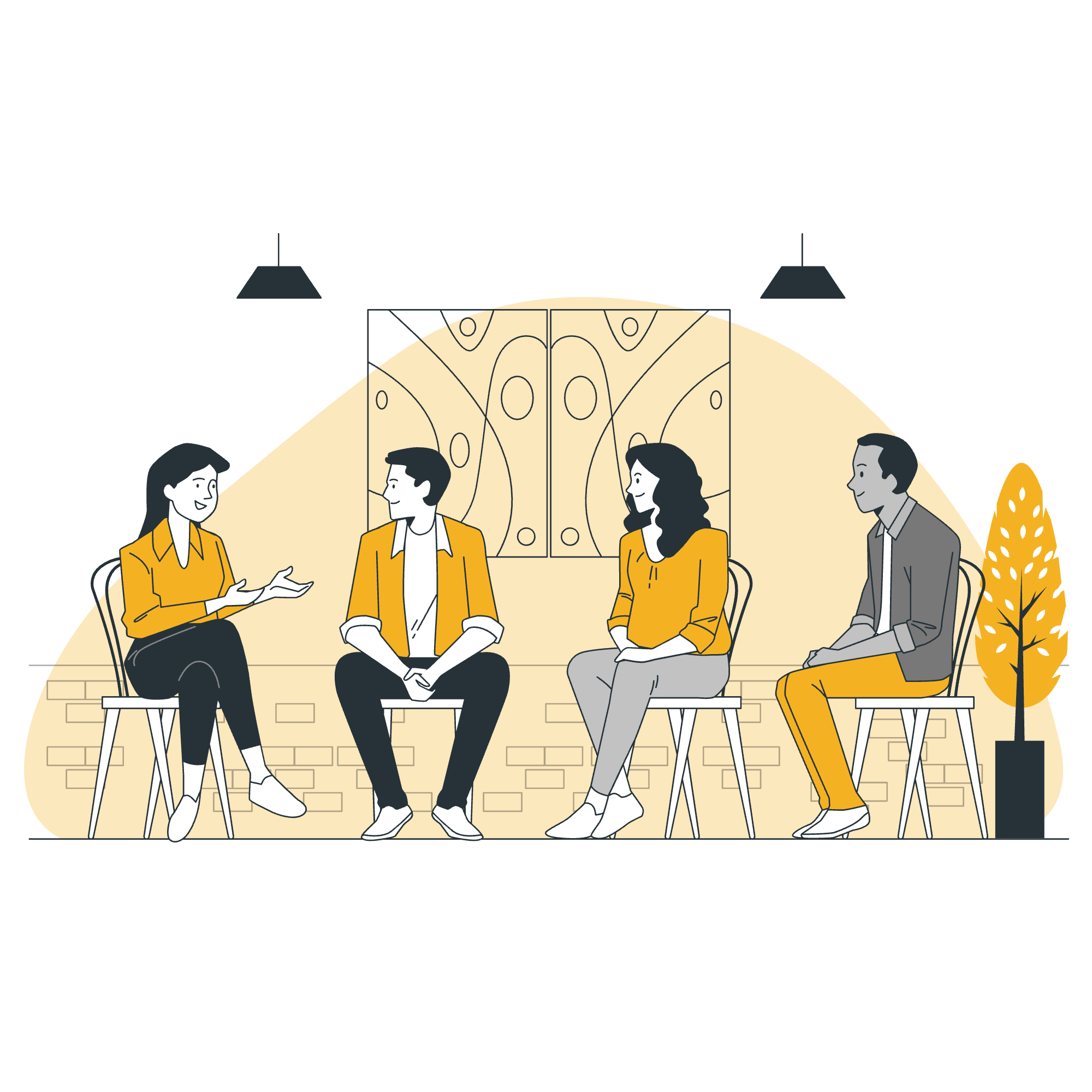 A flat vector illustration of four people sitting on chairs in a row during a group discussion or support meeting. The woman on the far left gestures expressively as she speaks, while the other three individuals listen attentively against a minimalist background with warm yellow accents.