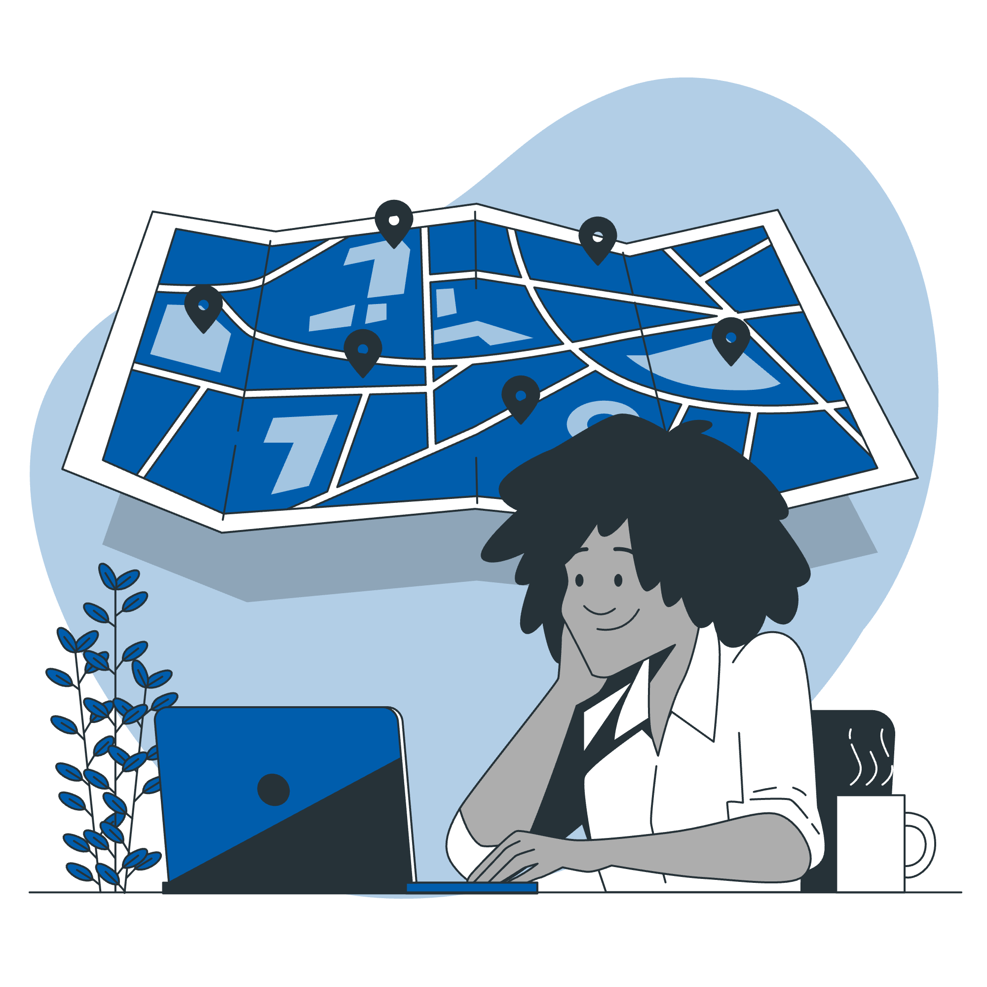 A flat vector illustration of a person with curly hair sitting at a desk with a laptop and a steaming mug. Behind them, a large, folded blue map with multiple location pin icons floats against a light blue backdrop, suggesting travel planning or navigation.
