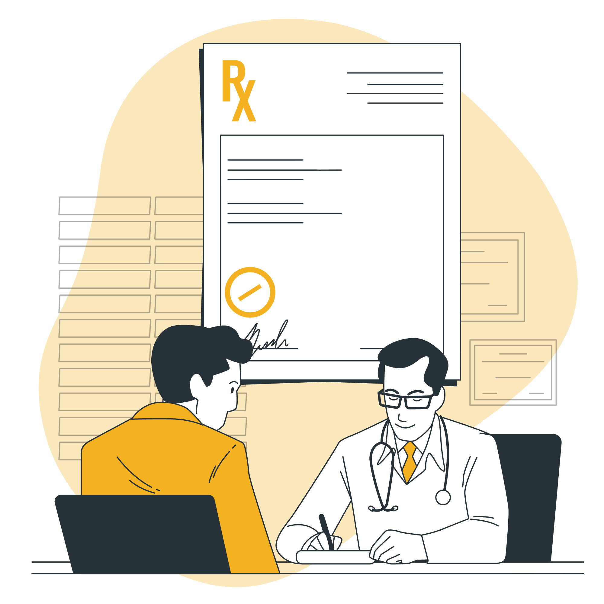 A flat vector illustration of a doctor with a stethoscope writing at his desk during a consultation with a patient. A giant medical prescription form with an Rx symbol fills the background, highlighted by soft yellow accents.