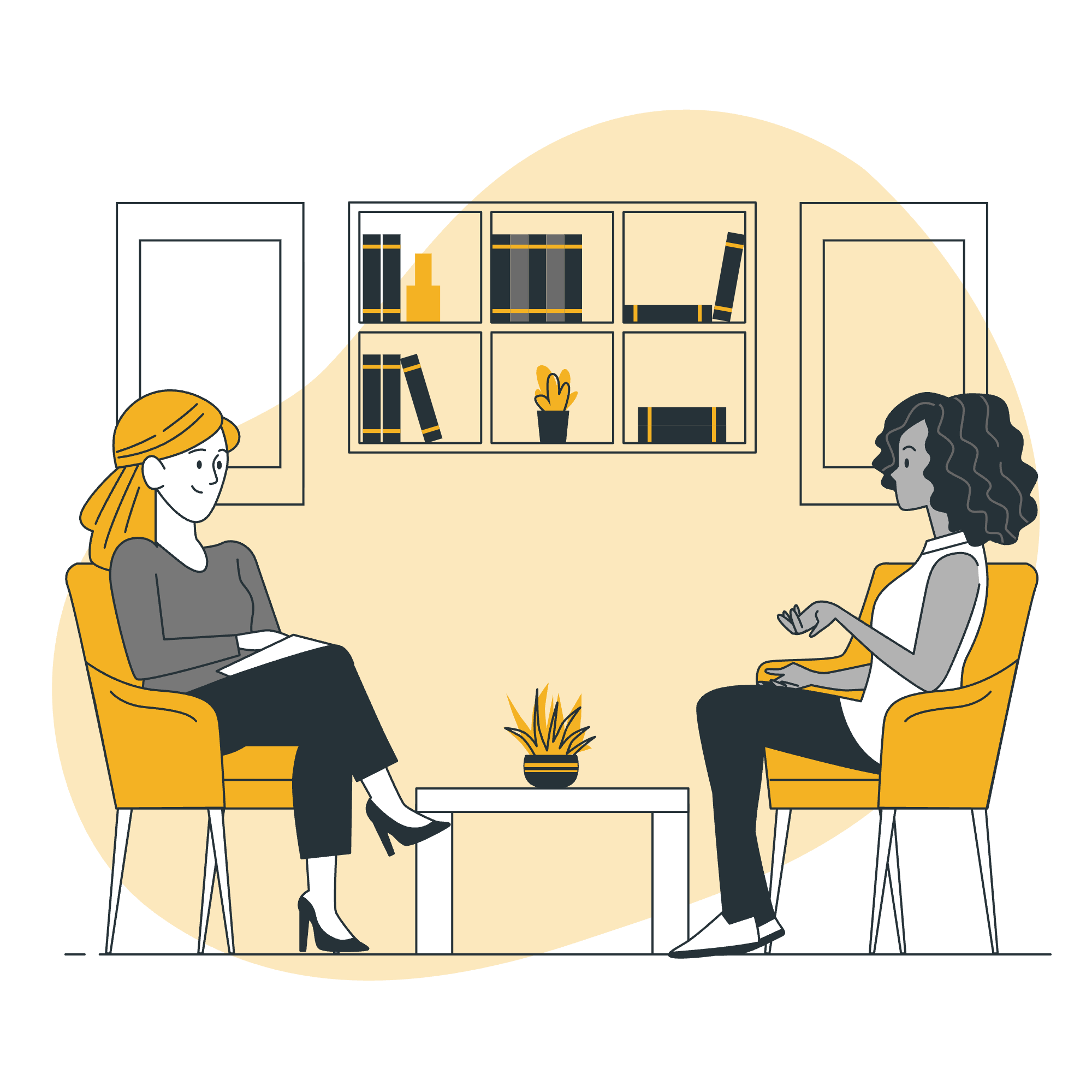 A flat vector illustration of a therapy or counseling session featuring two women seated in yellow armchairs opposite each other. The woman on the left holds a notepad and listens attentively to the other woman, who is speaking and gesturing, set against a background with a bookshelf and warm yellow accents.