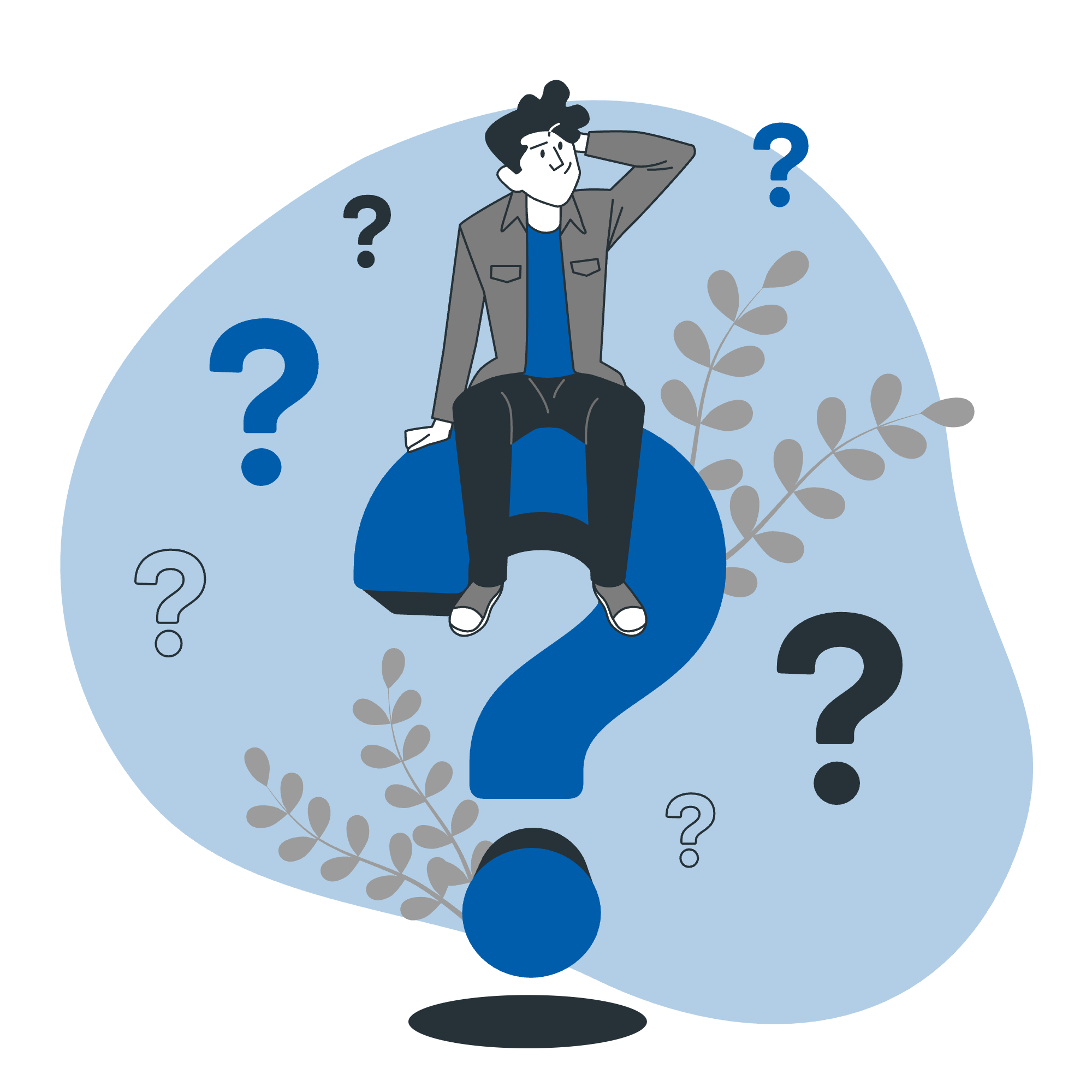 Questions-bro (1) A flat vector illustration of a pensive young man sitting atop a large blue question mark, looking thoughtful with his hand behind his head. He is surrounded by smaller question marks and grey stylized foliage, all set against an abstract light blue background.