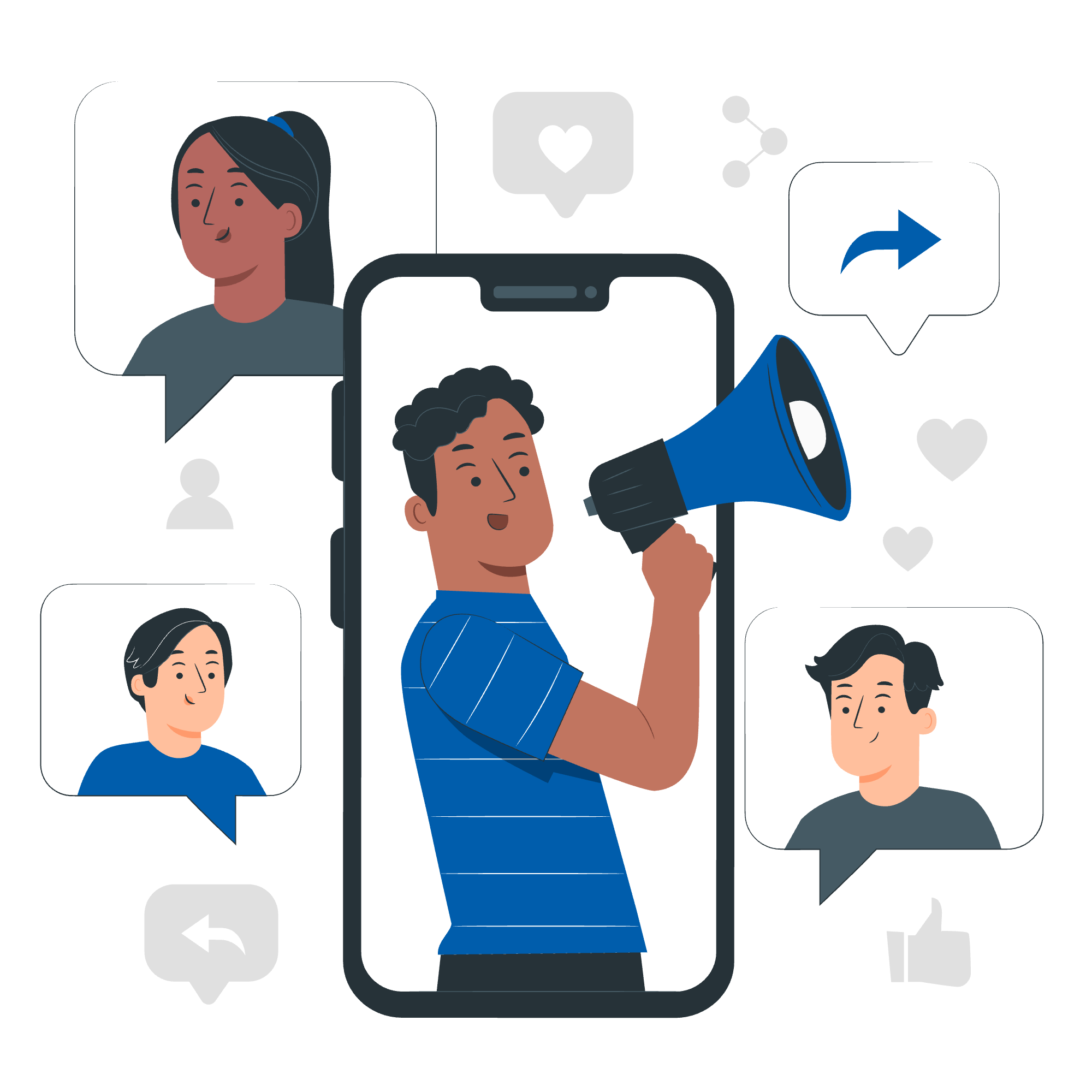 Refer a friend-pana A flat vector illustration of a man appearing inside a large smartphone screen, holding a blue megaphone as if making an announcement. He is surrounded by floating social media speech bubbles containing user avatars, a share arrow, and heart and like icons.