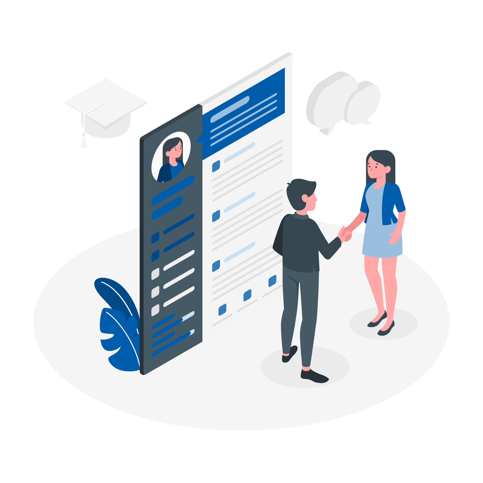 An isometric flat vector illustration of a man and a woman shaking hands in front of a large digital resume profile. Faint icons of a graduation cap and speech bubbles float in the background, symbolizing hiring, recruitment, or career networking.