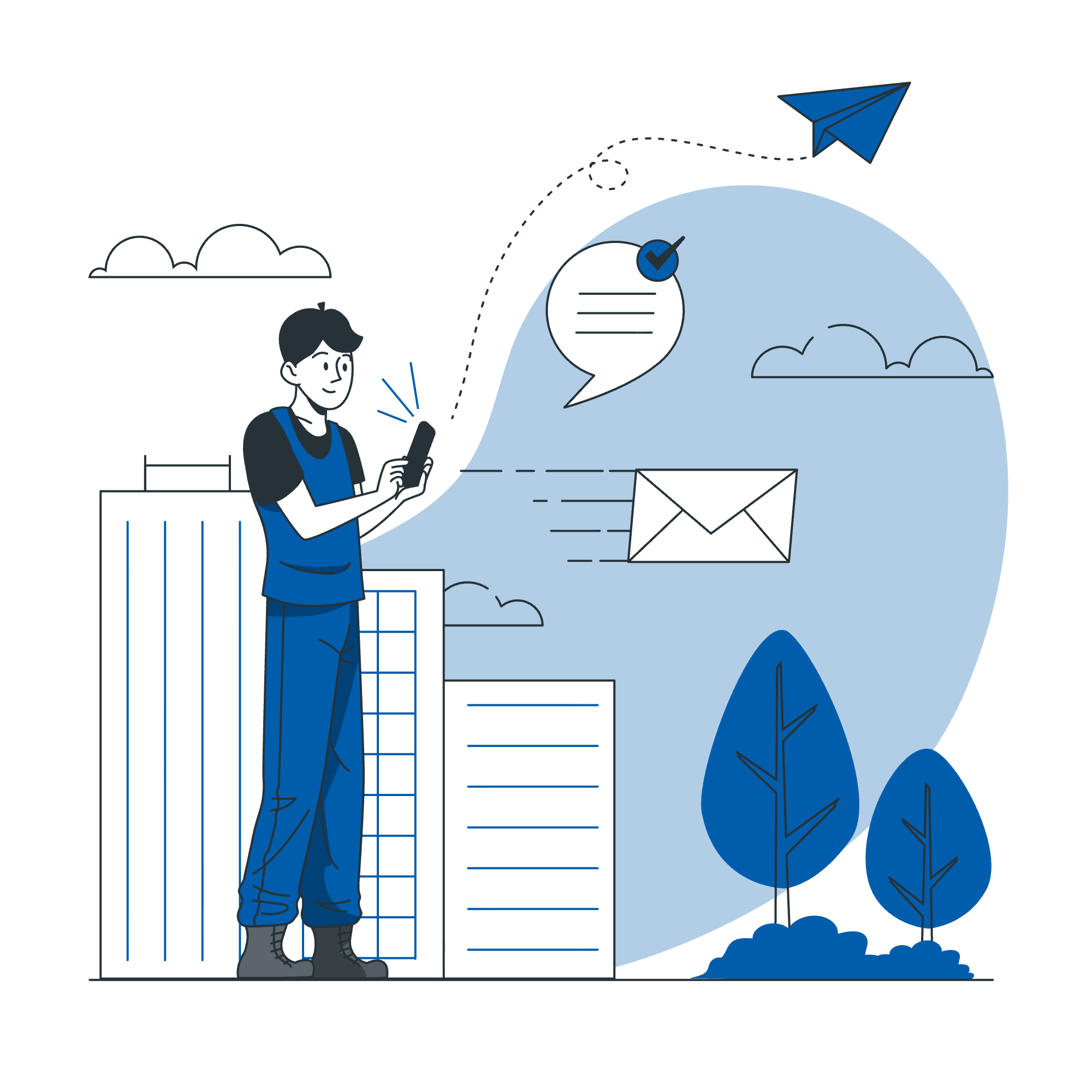A flat vector illustration of a man wearing blue overalls looking at his smartphone outdoors, with minimalist buildings and trees in the background. Around him, communication symbols like a flying envelope, a paper airplane, and a speech bubble with a checkmark float against a light blue circular backdrop.