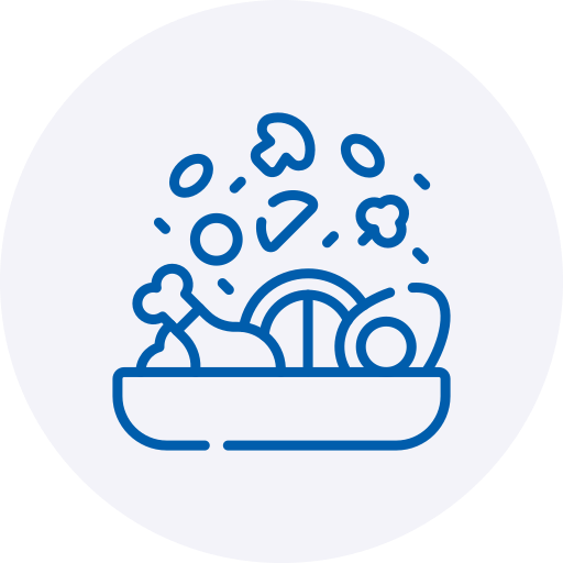 A blue line-art icon depicting a bowl filled with food items, including a chicken leg and a boiled egg slice. Various food ingredients like mushrooms, vegetable pieces, and herbs float above the bowl, all set against a soft, light grey circular background.