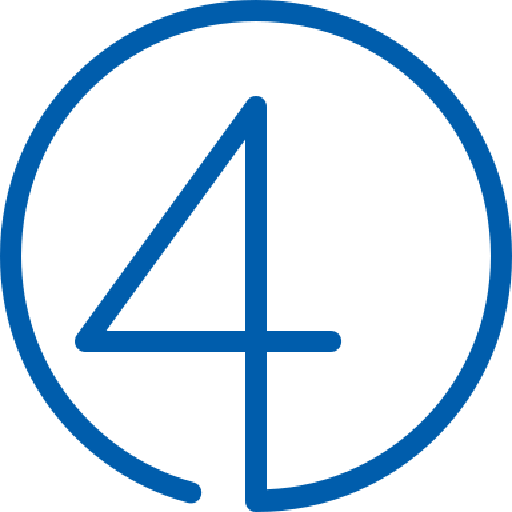 A minimalist blue line-art icon featuring the number four integrated into a circular outline. The continuous line design is isolated against a transparent background.