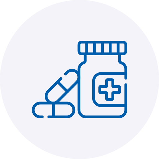 A blue line-art icon depicting a medicine bottle with a medical cross on its label, positioned next to two capsule pills. The minimalist illustration is set against a soft, light grey circular background.