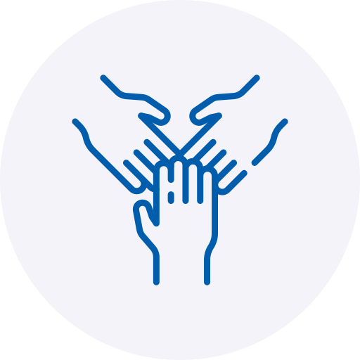 A blue line-art icon depicting three hands coming together and overlapping in the center, symbolizing teamwork, unity, or support. The minimalist illustration is set against a soft, light grey circular background.